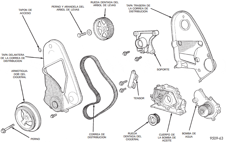 Sistema de la correa de distribución DOHC con tensor hidráulico Dodge Neon