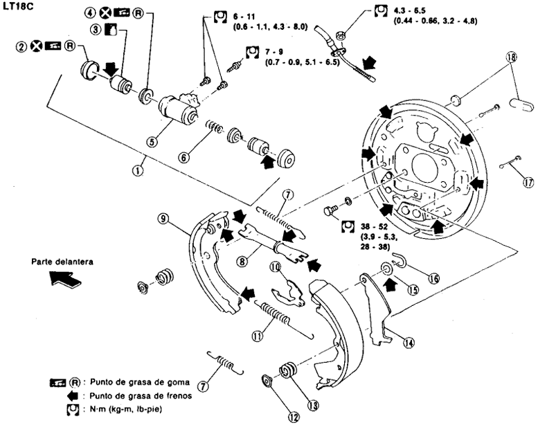 Diagrama de los frenos de tambor traseros Nissan Tsuru